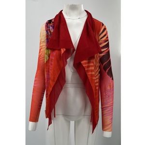 Fuzzi Red/Orange Floral Print Sheer Ruffle Tiered Long Sleeve Open Cardigan sz S